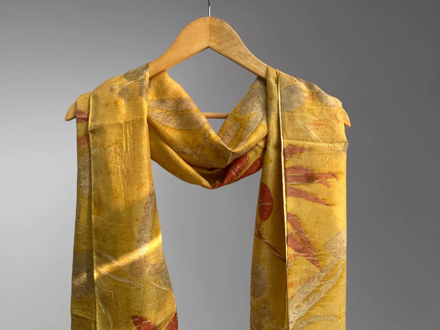 Crimson Rose Pure Silk Scarf – Naturally Ecoprinted & Handcrafted – Womens Scarf on Brown Living™. SKU: RO-SCARF-001. Img 2.
