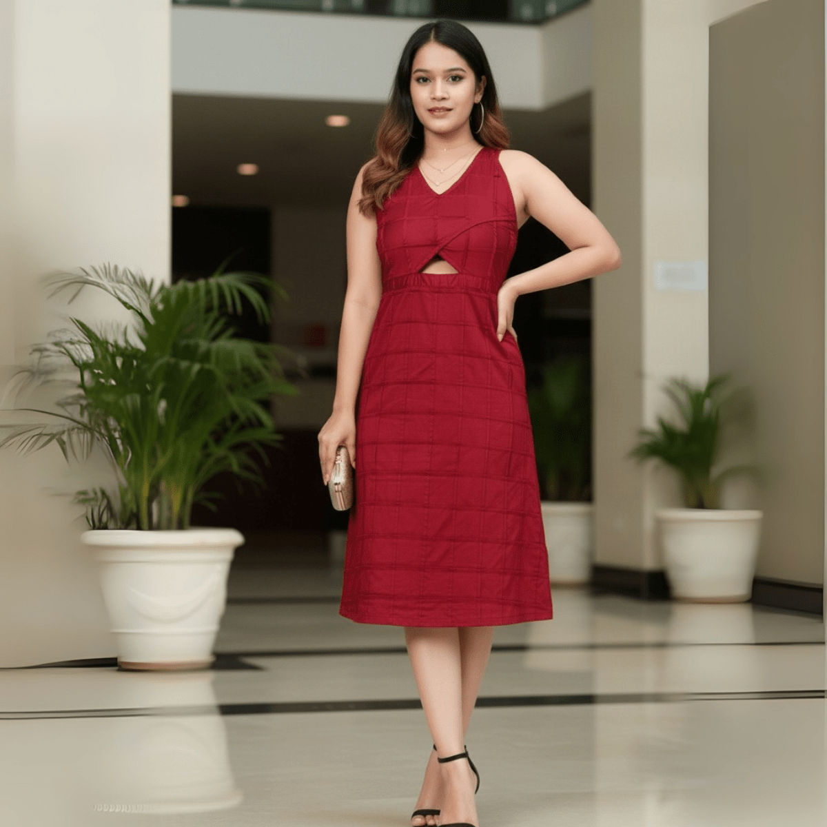 Crimson Weave Cotton Dress – Comfortable & Stylish Wear for Women – Womens Dress on Brown Living™. SKU: MD08025. Img 1.
