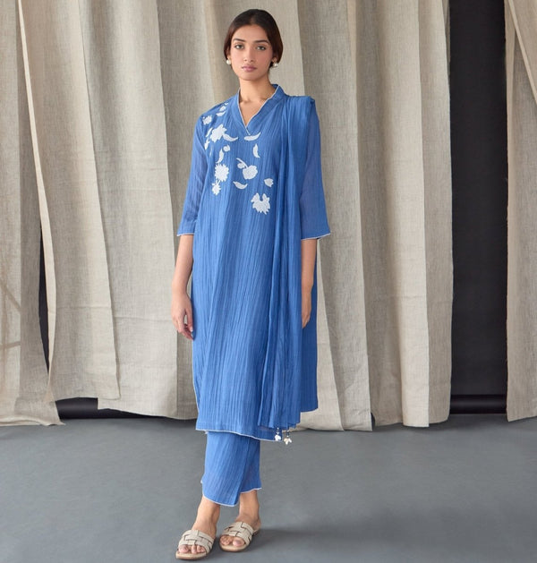 Crinkle Applique Tencel Kurta (Set of 2) - Cobalt Blue | Verified Sustainable by Brown Living™