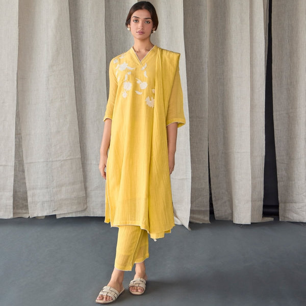 Crinkle Applique Tencel Kurta (Set of 2) - Yellow | Verified Sustainable by Brown Living™