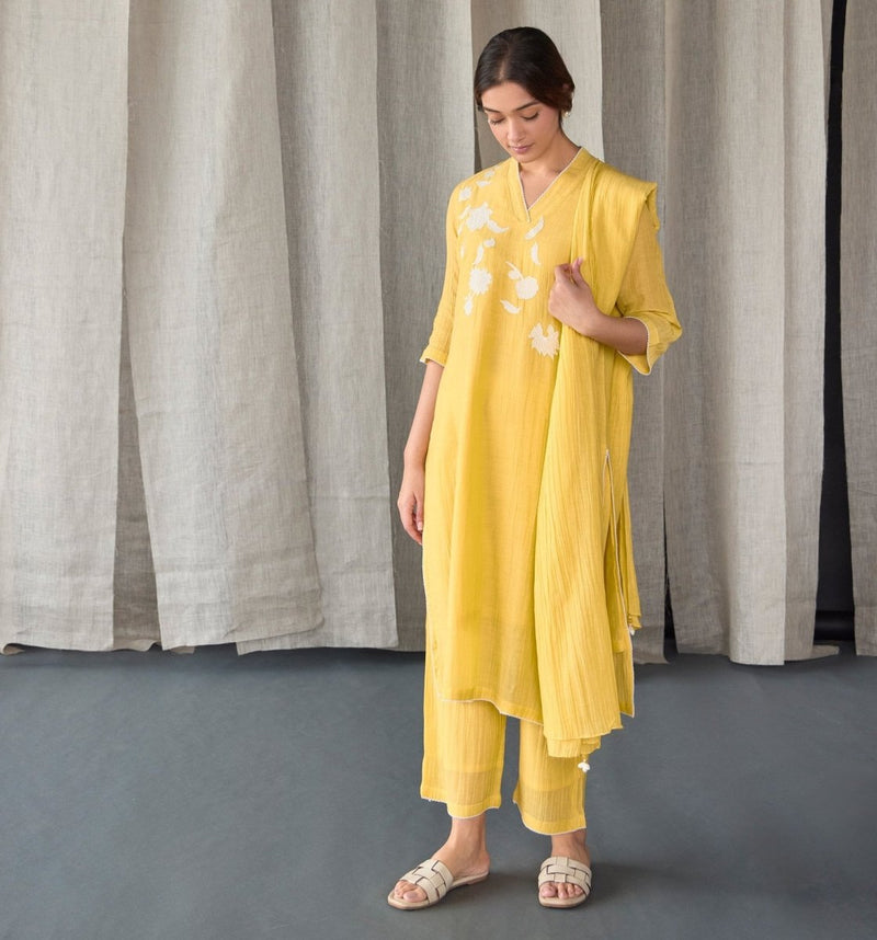 Crinkle Applique Tencel Kurta (Set of 2) - Yellow | Verified Sustainable Womens Kurta on Brown Living™