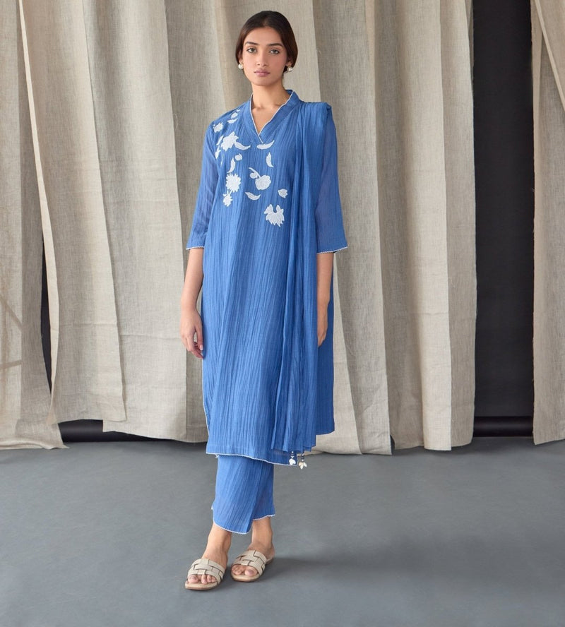 Crinkle Applique Tencel Kurta (Set of 3) - Cobalt Blue | Verified Sustainable Womens Kurta on Brown Living™