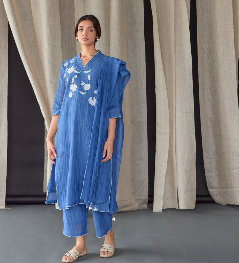 Crinkle Applique Tencel Kurta (Set of 3) - Cobalt Blue | Verified Sustainable Womens Kurta on Brown Living™