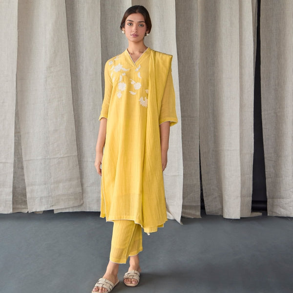 Crinkle Applique Tencel Kurta (Set of 3) - Yellow | Verified Sustainable by Brown Living™