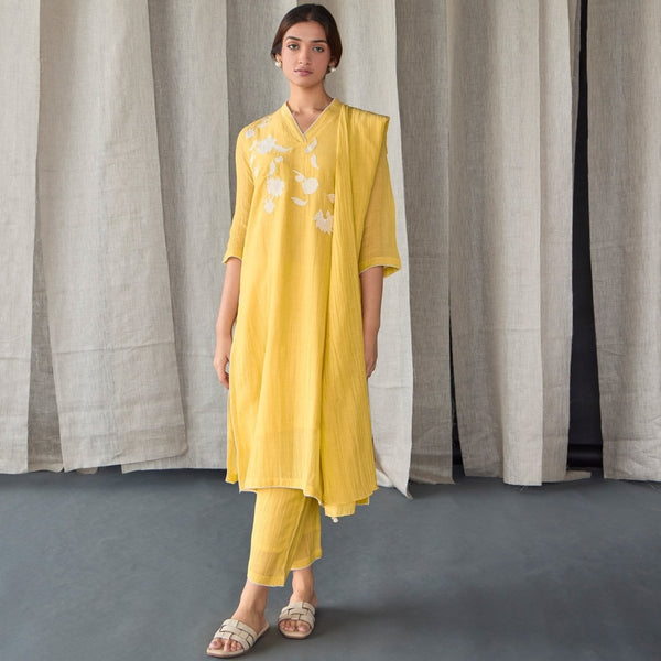 Crinkle Applique Tencel Kurta (Set of 3) - Yellow | Verified Sustainable by Brown Living™