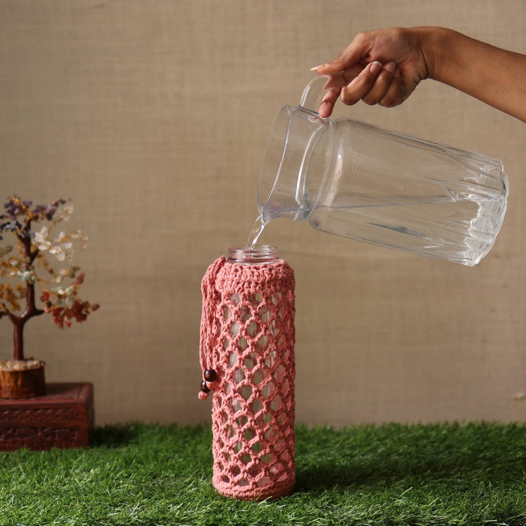 Crochet Web Peach Handmade Bottle Cover | Verified Sustainable by Brown Living™