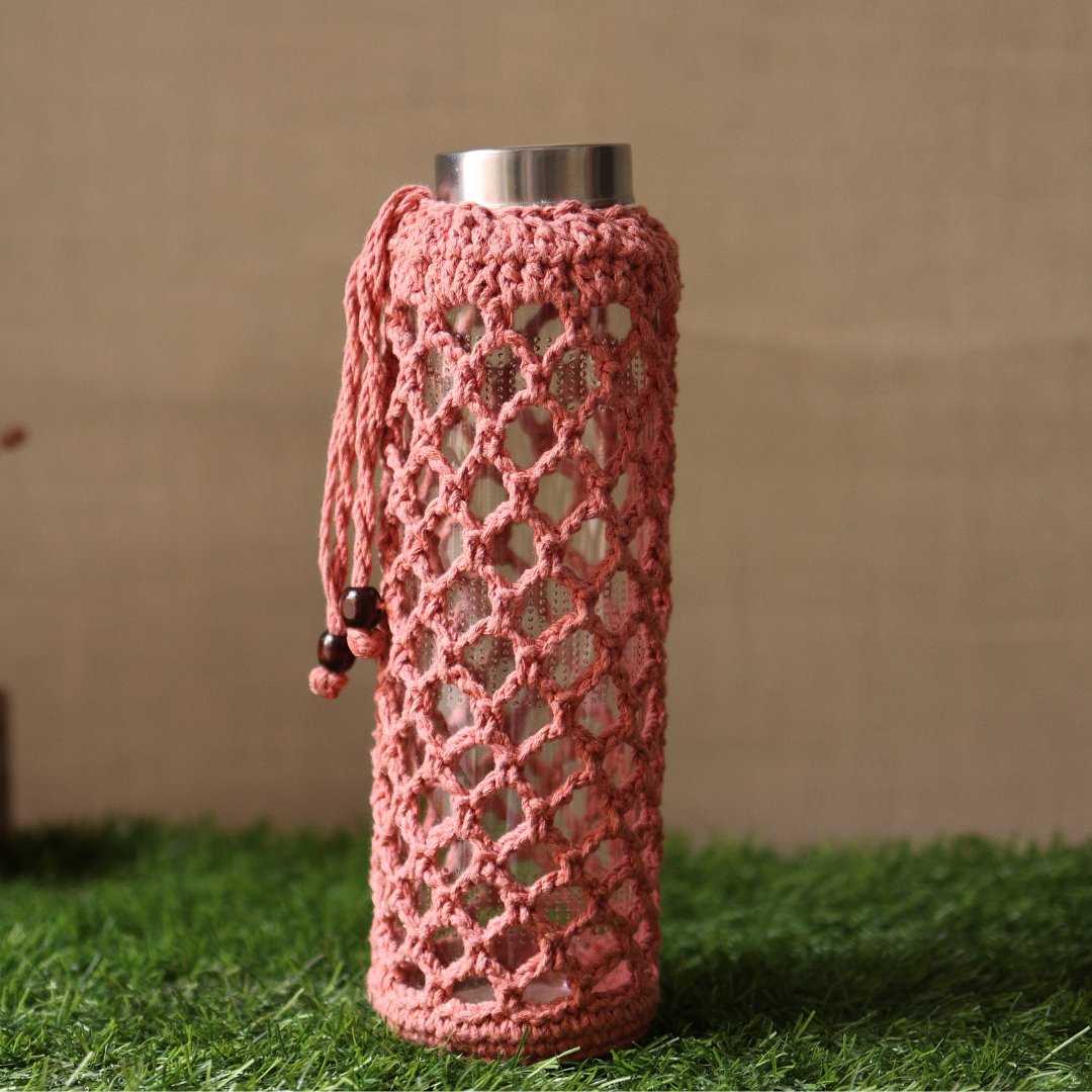 Crochet Web Peach Handmade Bottle Cover | Verified Sustainable by Brown Living™