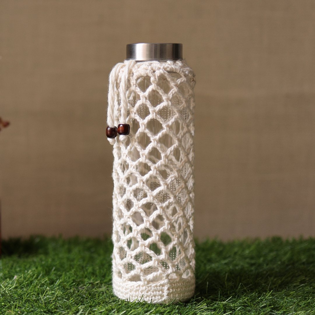 Crochet Web White Handmade Bottle Cover | Verified Sustainable by Brown Living™