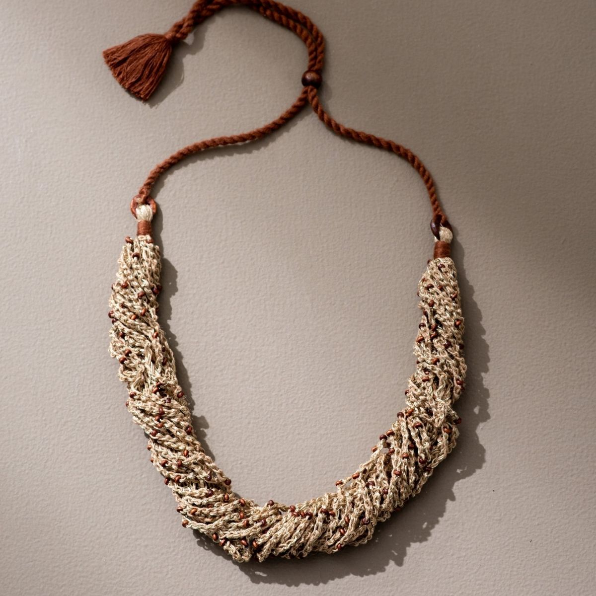 Crocheted Jute and Wooden Bead Multi Strand Necklace Earrings Set – Womens Earrings on Brown Living™. SKU: JCC032. Img 3.