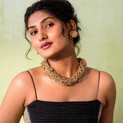 Crocheted Jute and Wooden Bead Multi Strand Necklace Earrings Set – Womens Earrings on Brown Living™. SKU: JCC032. Img 1.