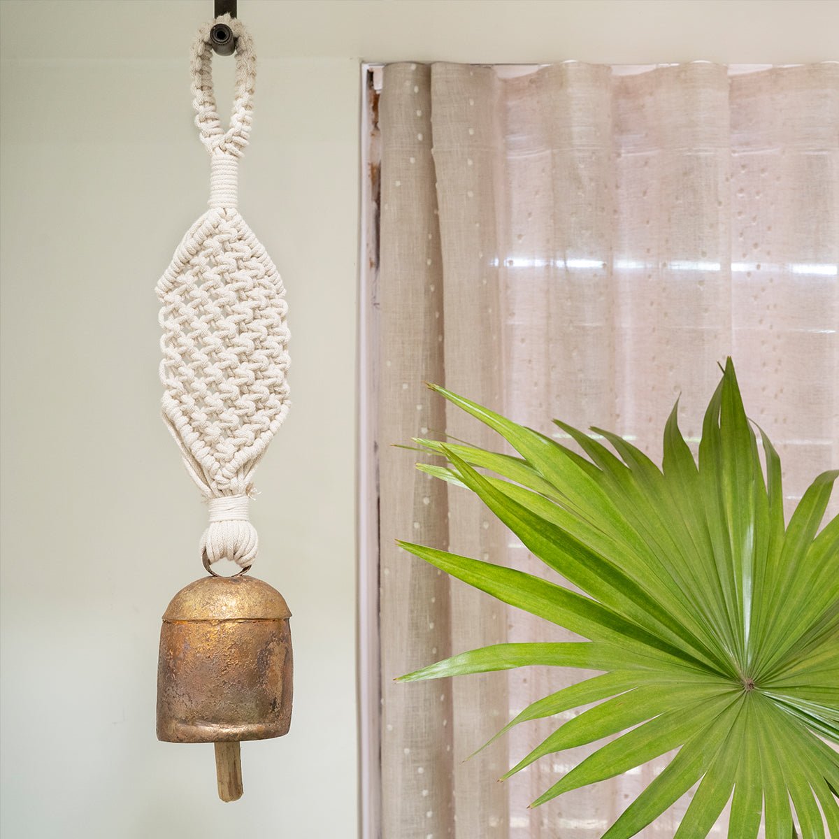 Cross Wide Hand - Knotted Wind Chime with Metal Bell | Handmade Decor – Windchimes & Dreamcatchers on Brown Living™. SKU: S20CCLWBELL032-IV. Img 1.