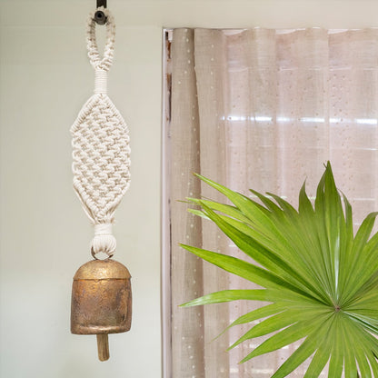 Cross Wide Hand - Knotted Wind Chime with Metal Bell | Handmade Decor – Windchimes & Dreamcatchers on Brown Living™. SKU: S20CCLWBELL032-IV. Img 1.