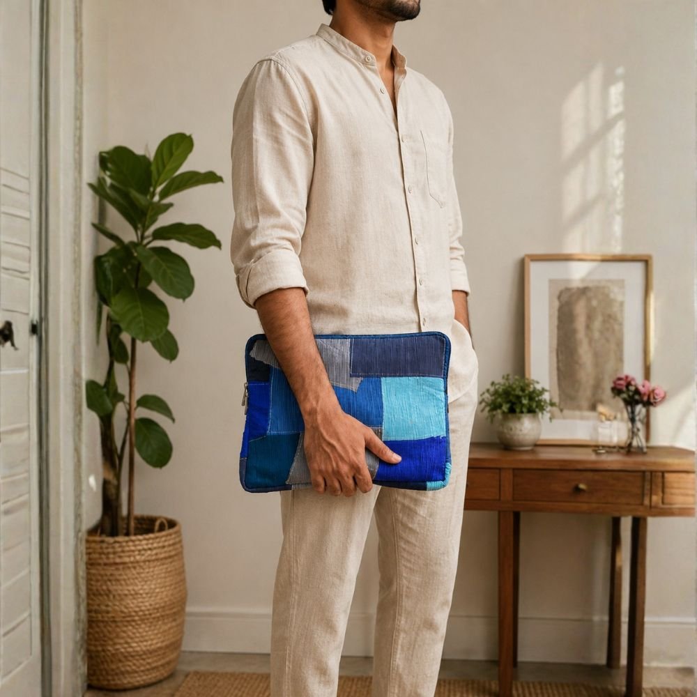 CSR Corporate Gifting: Sustainable Patchwork Laptop Bag – Laptop Sleeve on Brown Living™. SKU: ASWMLAPBLUE. Img 13.