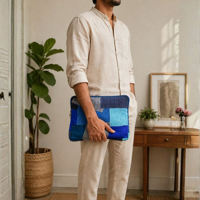 CSR Corporate Gifting: Sustainable Patchwork Laptop Bag – Laptop Sleeve on Brown Living™. SKU: ASWMLAPBLUE. Img 13.