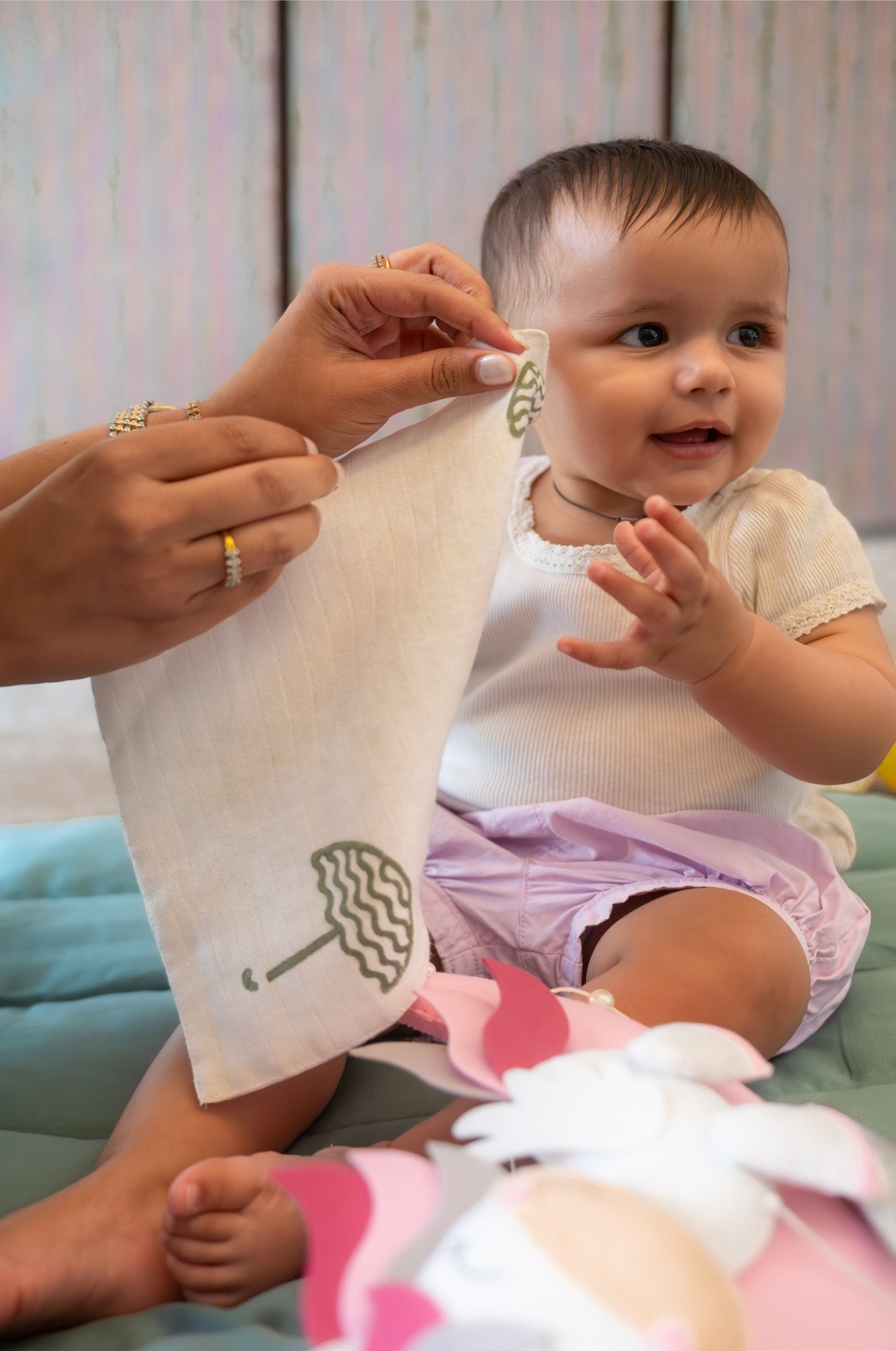 Cute Baby Wash Cloth – Umbrella Design, Earthy Tones – Baby Bibs & Hanky on Brown Living™. SKU: MSY - 00430B - Earthy - S. Img 4.