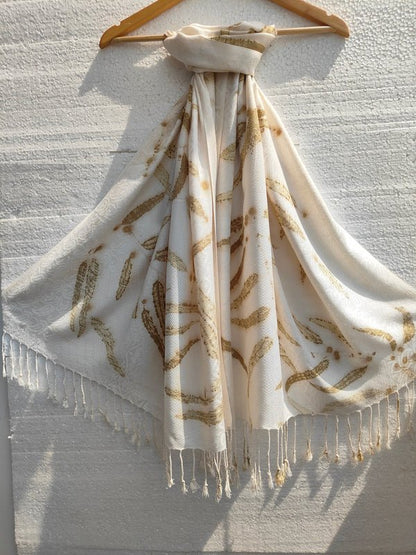 Daisy Dream White Scarf – Viscose Ecoprinted with Eucalyptus Leaves – Womens Scarf on Brown Living™. SKU: WD-SCARF-001. Img 5.