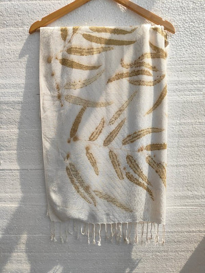 Daisy Dream White Scarf – Viscose Ecoprinted with Eucalyptus Leaves – Womens Scarf on Brown Living™. SKU: WD-SCARF-001. Img 2.
