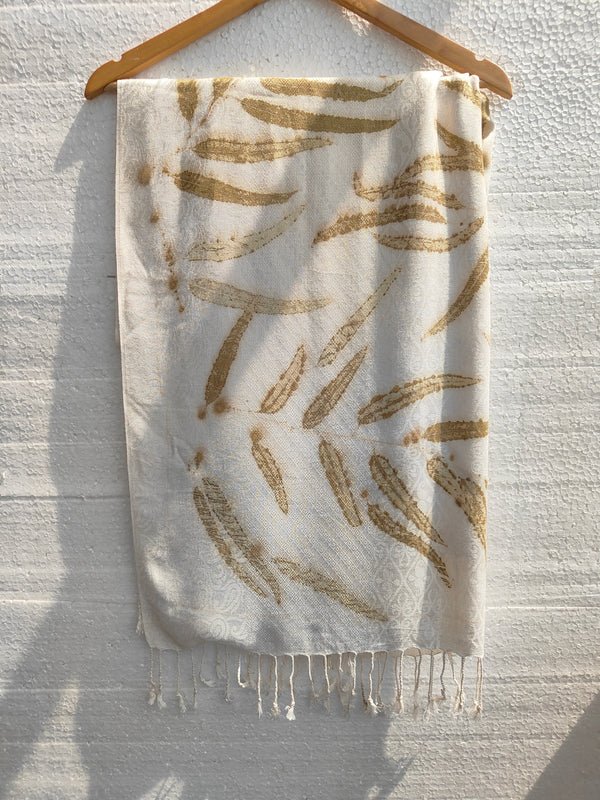 Daisy Dream White Scarf – Viscose Ecoprinted with Eucalyptus Leaves – Womens Scarf on Brown Living™. SKU: WD-SCARF-001. Img 2.