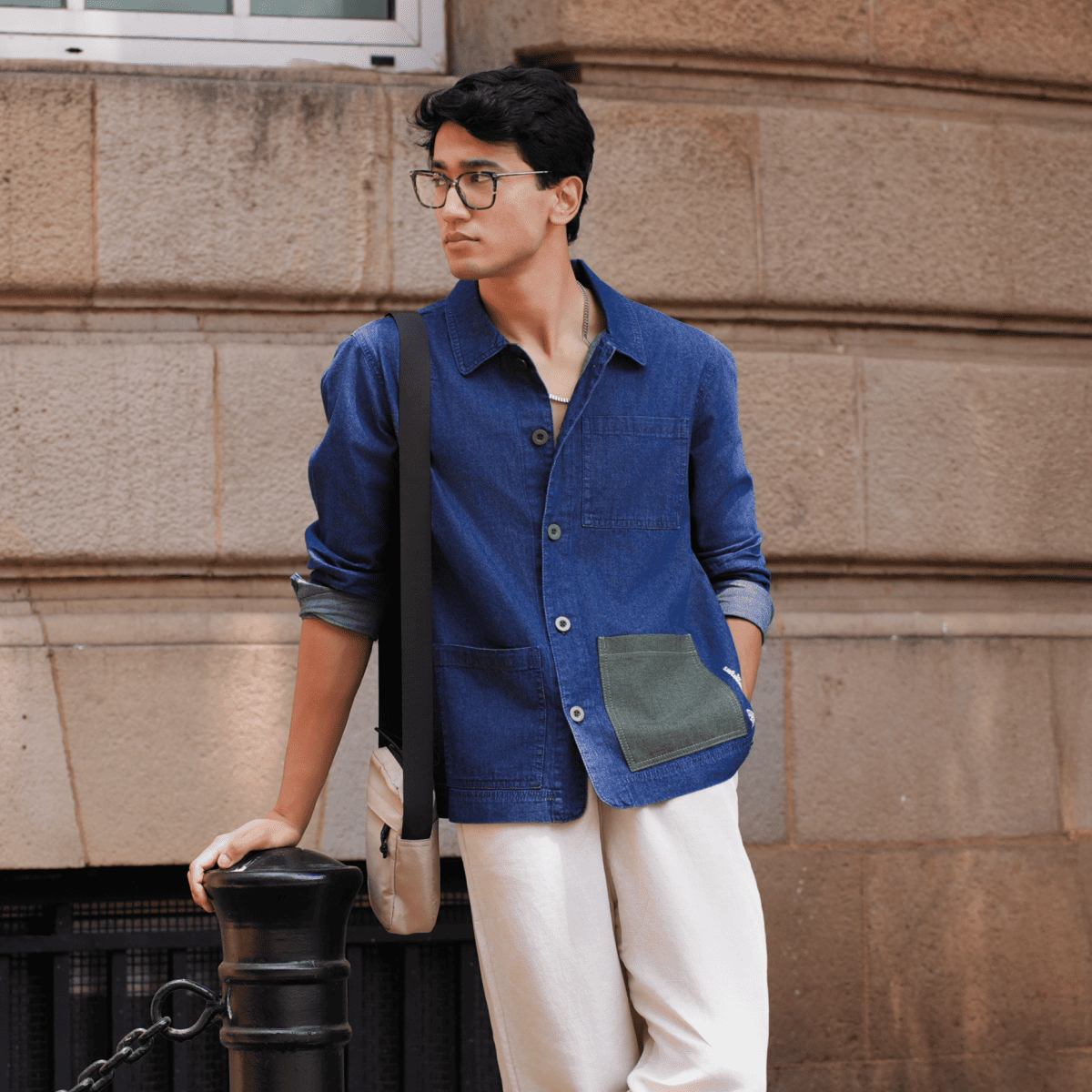 Dark Indigo Cotton Full Sleeve Shacket for Men – Mens Shirt on Brown Living™. SKU: UNBHUSH1001001S. Img 1.