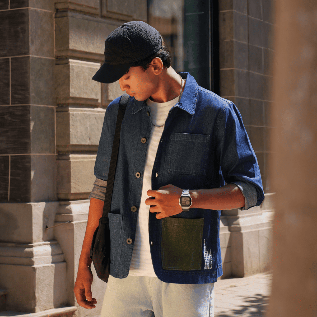 Dark Indigo Cotton Full Sleeve Shacket for Men – Mens Shirt on Brown Living™. SKU: UNBHUSH1001001S. Img 4.