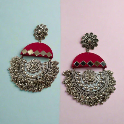 Dark Pink Mirror Oxidized Heavy Jhumka Earrings | Verified Sustainable by Brown Living™