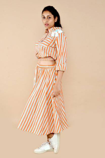 Deepti Orange Stripe Handloom Cotton Skirt Co - Ords 2 Pc | Verified Sustainable by Brown Living™