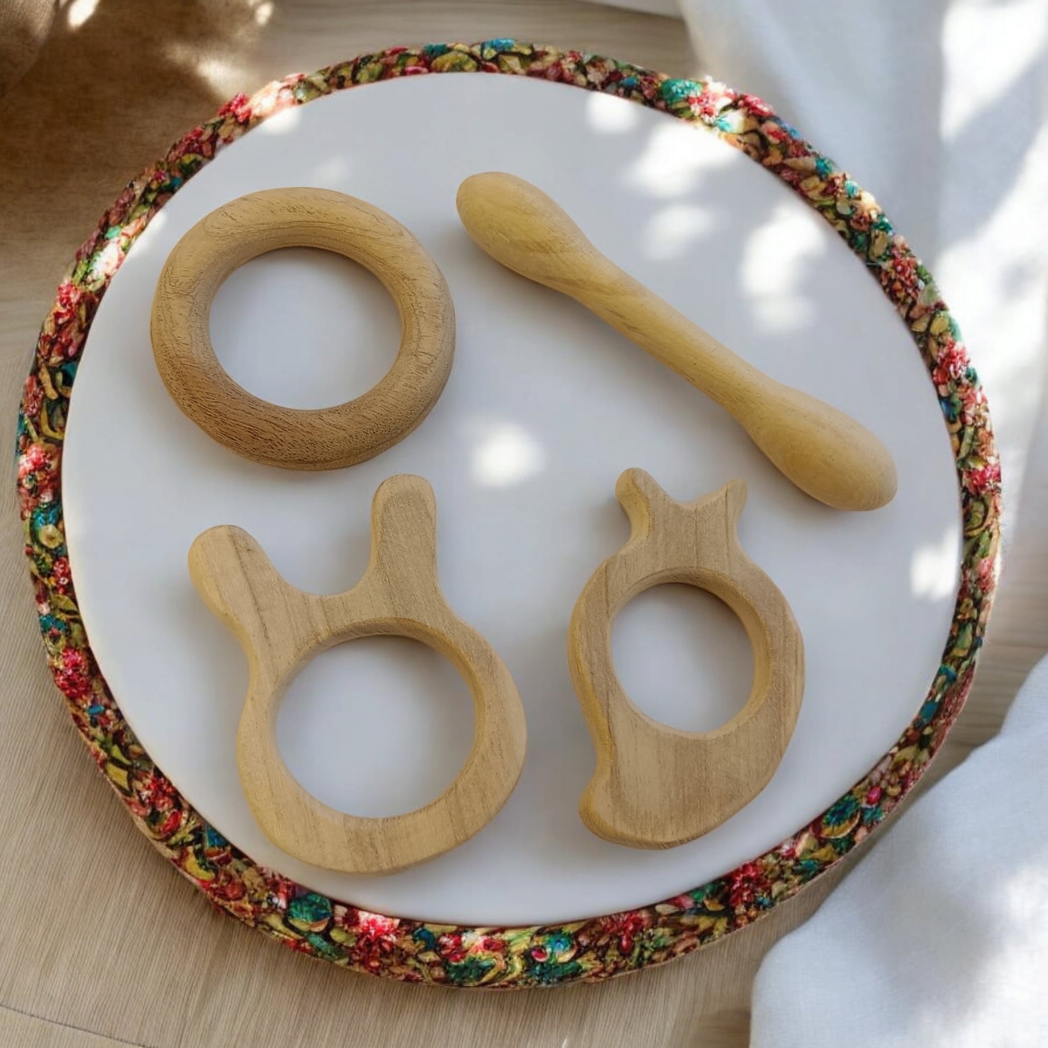 Delicious Teethers Made From Premium Neem Wood For Babies – Baby Teethers & Soothers on Brown Living™. SKU: T_DBL-RNG-BNY-MNG. Img 1.