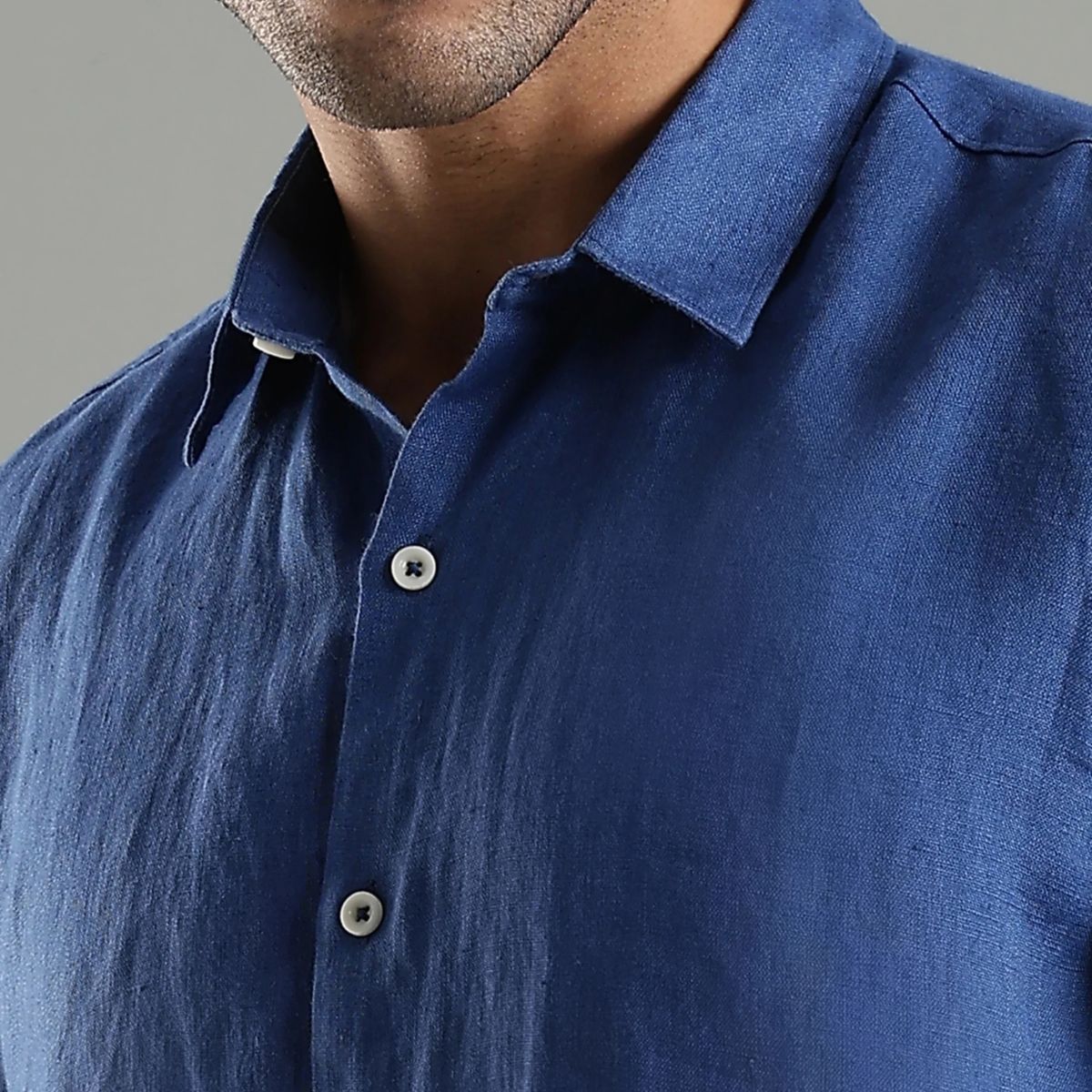 Denim Blue Linen Sora Shirt – Relaxed Everyday Outfit – Mens Shirt on Brown Living™. SKU: LN - SR - F - S. Img 2.