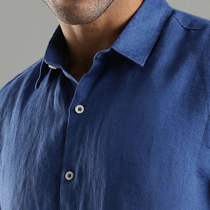 Denim Blue Linen Sora Shirt – Relaxed Everyday Outfit – Mens Shirt on Brown Living™. SKU: LN - SR - F - S. Img 2.