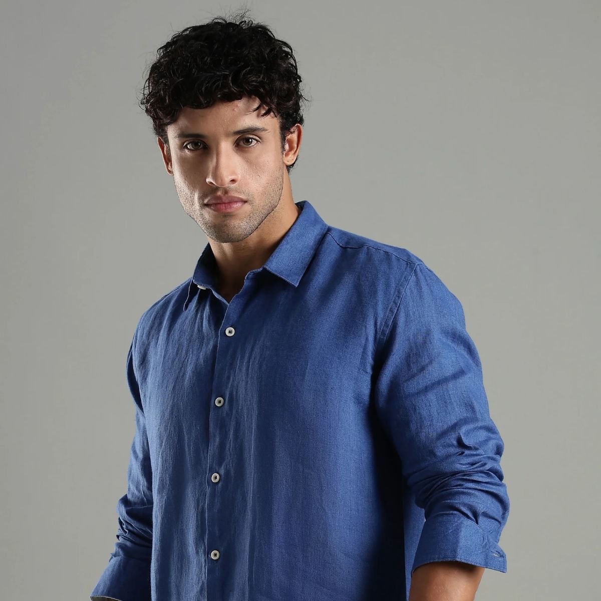 Denim Blue Linen Sora Shirt – Relaxed Everyday Outfit – Mens Shirt on Brown Living™. SKU: LN - SR - F - S. Img 4.