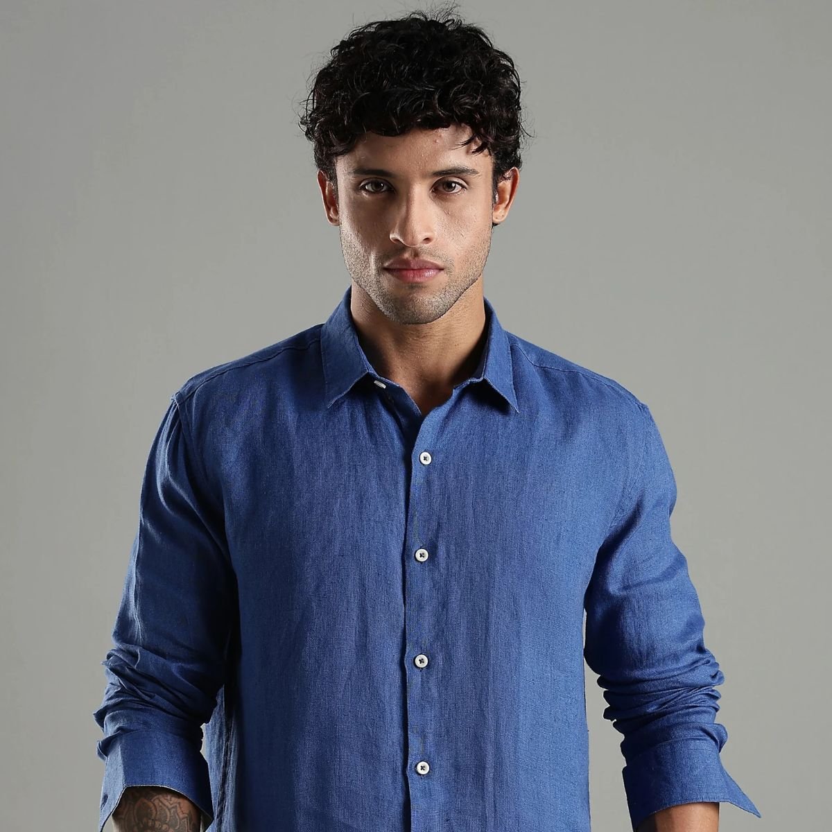 Denim Blue Linen Sora Shirt – Relaxed Everyday Outfit – Mens Shirt on Brown Living™. SKU: LN - SR - F - S. Img 1.