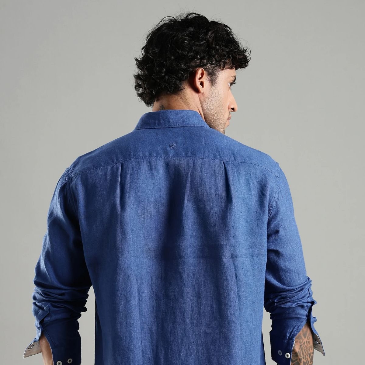 Denim Blue Linen Sora Shirt – Relaxed Everyday Outfit – Mens Shirt on Brown Living™. SKU: LN - SR - F - S. Img 3.