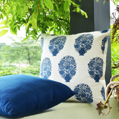 Designer Block Print Premium Cotton Cushion Cover - White With Blue Motif | Verified Sustainable by Brown Living™