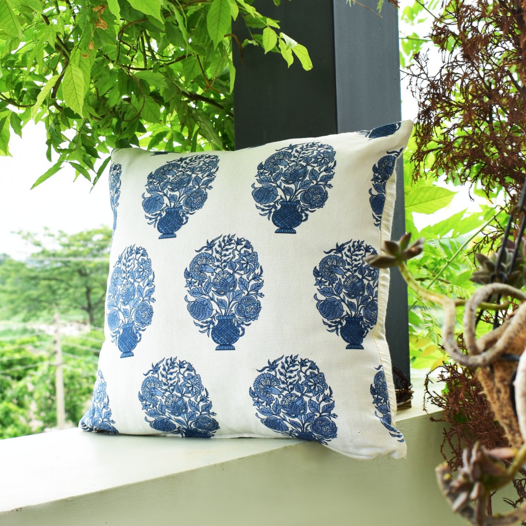 Designer Block Print Premium Cotton Cushion Cover - White With Blue Motif | Verified Sustainable by Brown Living™