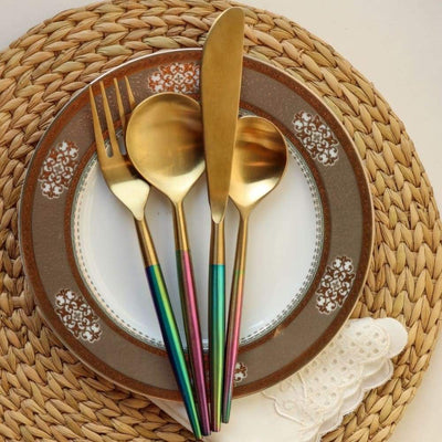 Designer Steel Cutlery – Cutlery Kit by ONEarth available on Brown Living™. Golden With Rainbow Handle . SKU: OEP322a. Img 10.