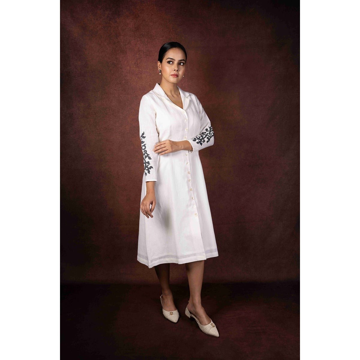 Dhara Soft Ivory Handloom Linen Dress With Hand Painted Sleeves – Womens Dress on Brown Living™. SKU: HD1007. Img 1.