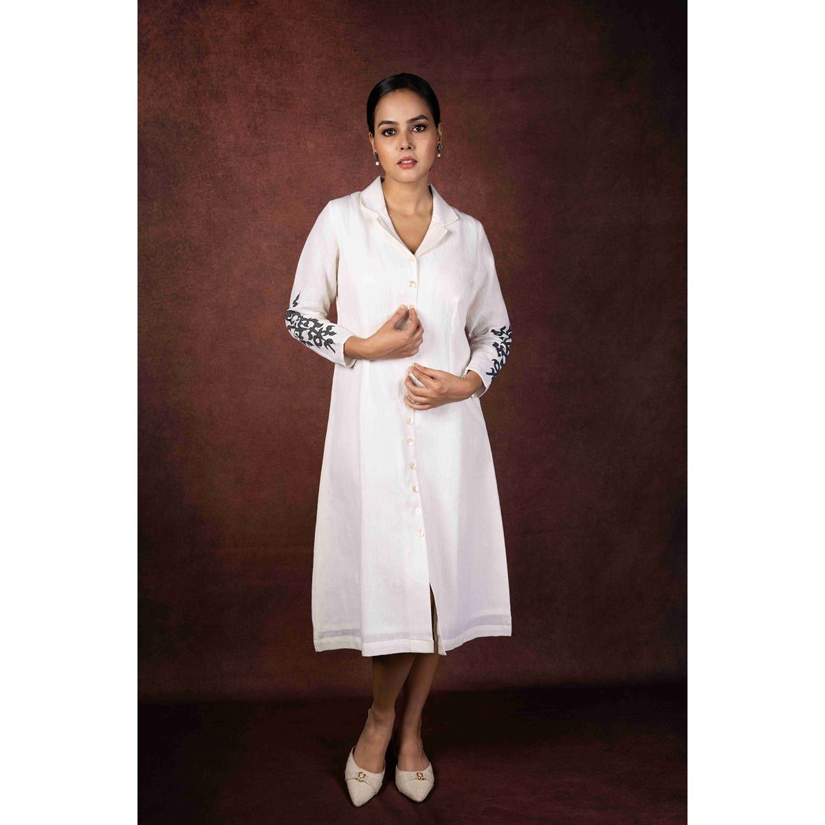 Dhara Soft Ivory Handloom Linen Dress With Hand Painted Sleeves – Womens Dress on Brown Living™. SKU: HD1007. Img 2.