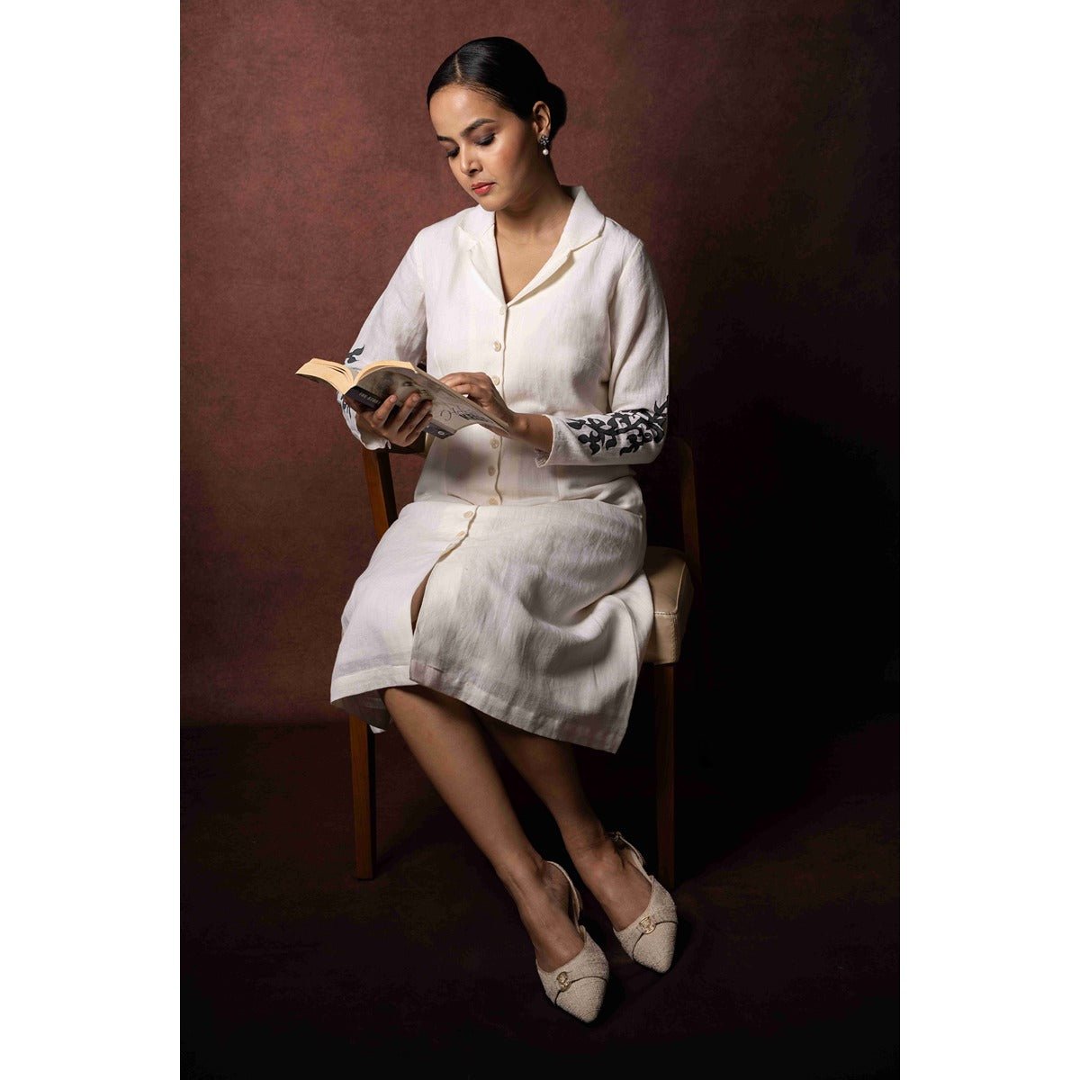 Dhara Soft Ivory Handloom Linen Dress With Hand Painted Sleeves – Womens Dress on Brown Living™. SKU: HD1007. Img 6.