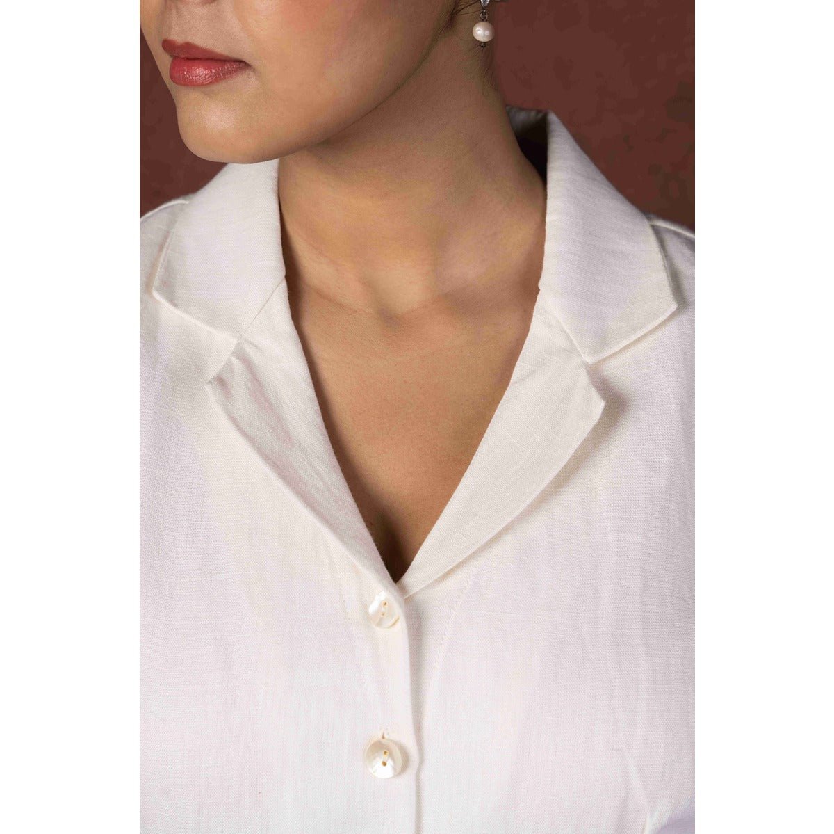 Dhara Soft Ivory Handloom Linen Dress With Hand Painted Sleeves – Womens Dress on Brown Living™. SKU: HD1007XSN. Img 5.