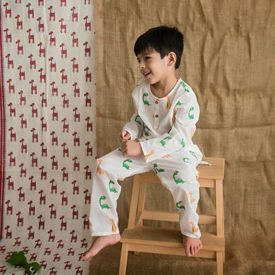 Dino Friends - Unisex Kids Cotton Nightwear – Kids Pyjamas on Brown Living™. SKU: MITHNW - 039 - 1. Img 1.