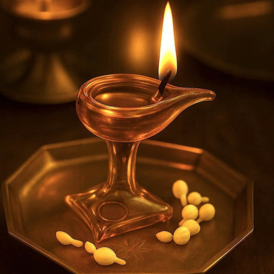 Divya Ambar Jyot – Art Glass Puja Diya Festival Lamp – Pooja Needs on Brown Living™. SKU: AMBER - DIVYA - DIYA. Img 1.