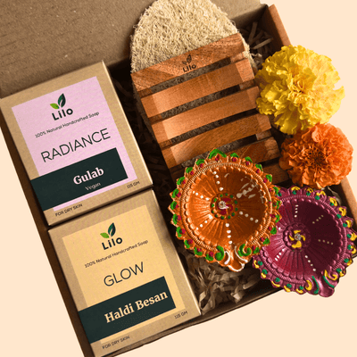 Diwali Gift Hamper with Handmade Soaps, Diyas & Natural Essentials – Gift Box on Brown Living™. SKU: SKG001. Img 1.