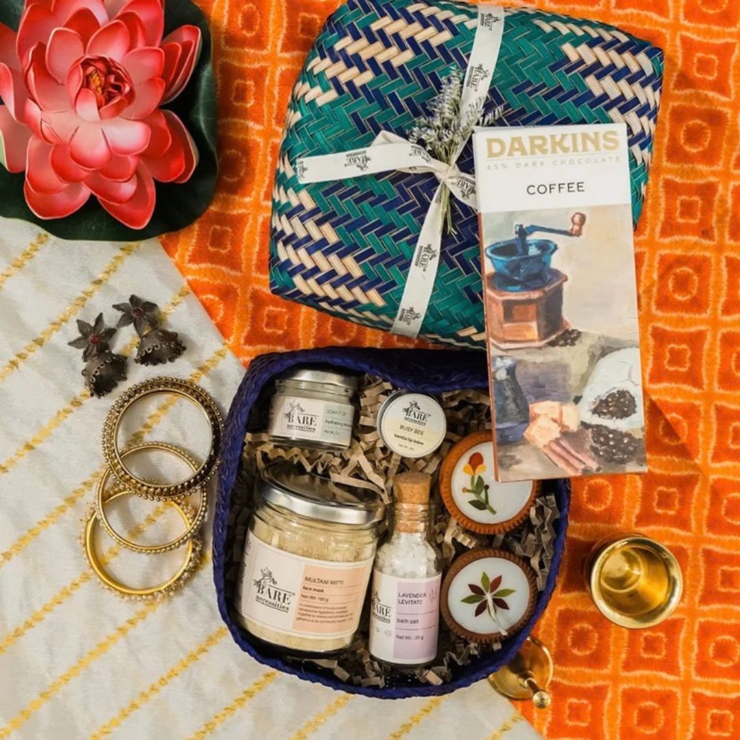 Diwali Gift Hamper with Skincare, Terracotta Diyas & Chocolate – Gift Hampers on Brown Living™. SKU: BNWD09-2. Img 1.