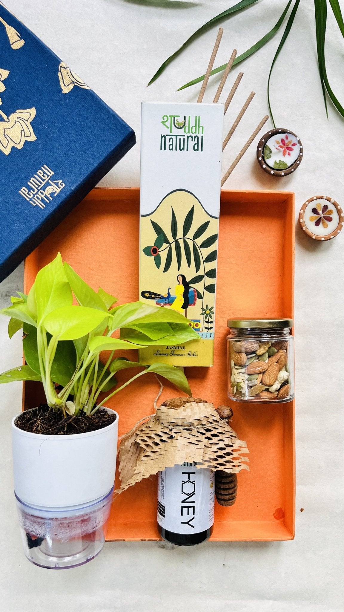 Diwali Gift HamperI Self Watering Plant I Honey I Incense I Dry Fruit – Gift Hampers on Brown Living™. SKU: SNSWP02. Img 5.