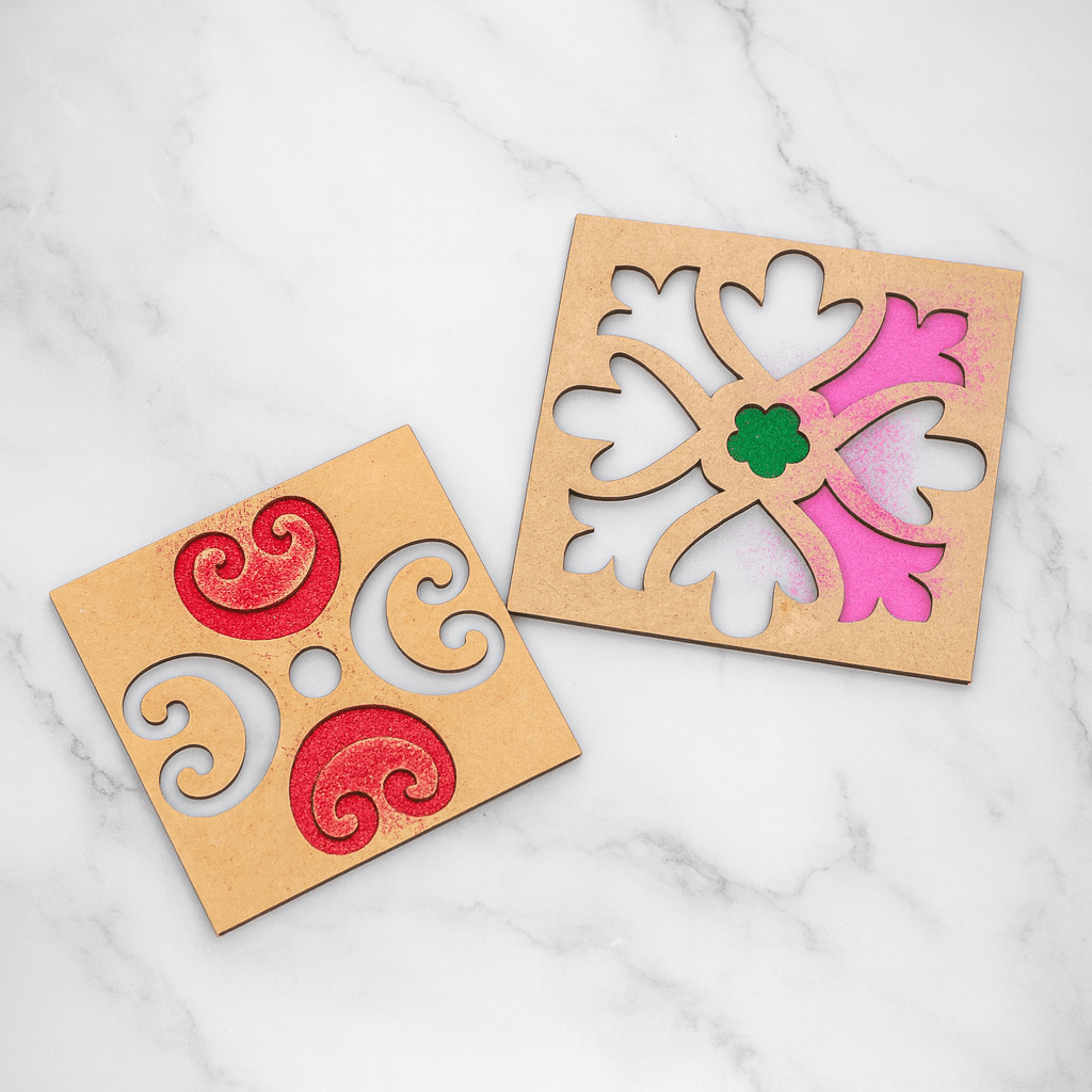 DIY Rangoli Kit for Decoration with 2 Stencils & 3 Colors – Home Decor on Brown Living™. SKU: MJ00049DR. Img 1.
