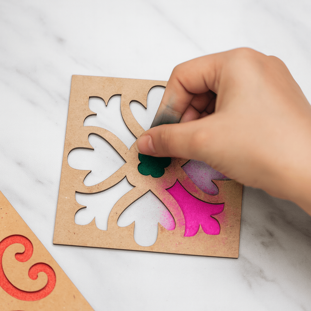 DIY Rangoli Kit for Decoration with 2 Stencils & 3 Colors – Home Decor on Brown Living™. SKU: MJ00049DR. Img 3.