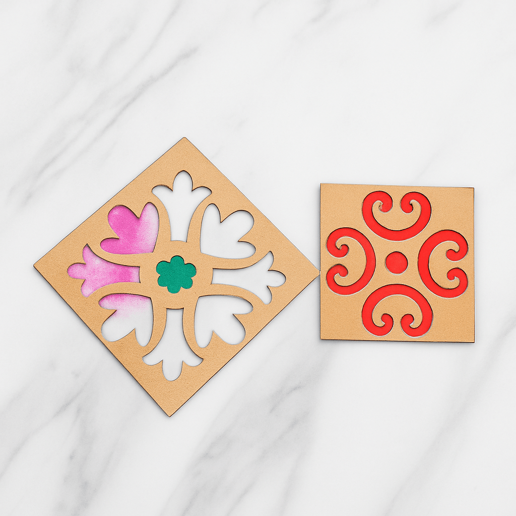 DIY Rangoli Kit for Decoration with 2 Stencils & 3 Colors – Home Decor on Brown Living™. SKU: MJ00049DR. Img 2.