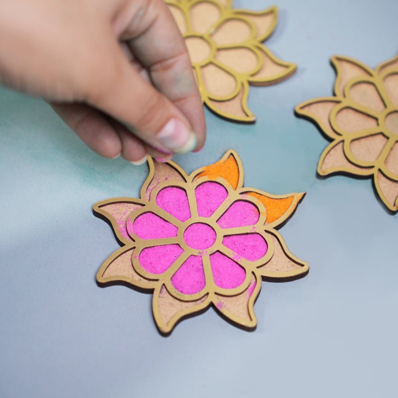 DIY Rangoli Kits - 3 Elegant Stencils & 4 Festive Colors – Home Decor on Brown Living™. SKU: MJ00052DR. Img 1.
