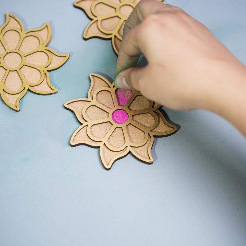 DIY Rangoli Kits - 3 Elegant Stencils & 4 Festive Colors – Home Decor on Brown Living™. SKU: MJ00052DR. Img 2.