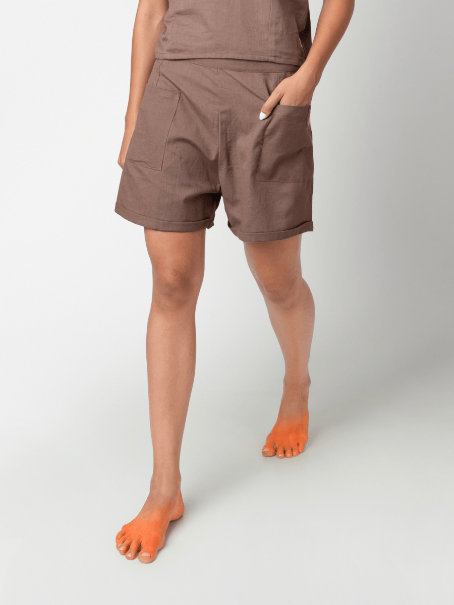 Dora – Organic Cotton Linen Everyday Shorts – Womens Shorts by Phuhar's available on Brown Living™. Brown Xs. SKU: pH0861. Img 9.